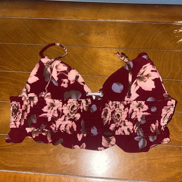 2 piece flirty floral Short Set & crop Tank top lace front small maroon & cream - Picture 9 of 13